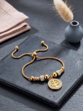 Tree of Life Bolo Bracelet 18K Gold Tone CZ Pave Adjustable Boho Chic Up To 8"